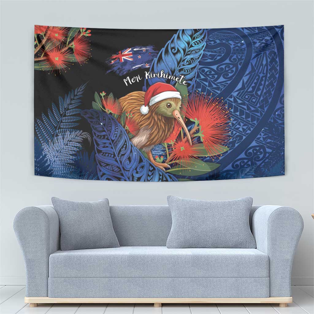 New Zealand Christmas Tapestry Santa Kiwi Bird With Pohutukawa Flowers - Polynesian Pride