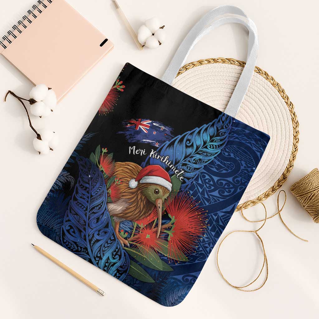 New Zealand Christmas Tote Bag Santa Kiwi Bird With Pohutukawa Flowers - Polynesian Pride