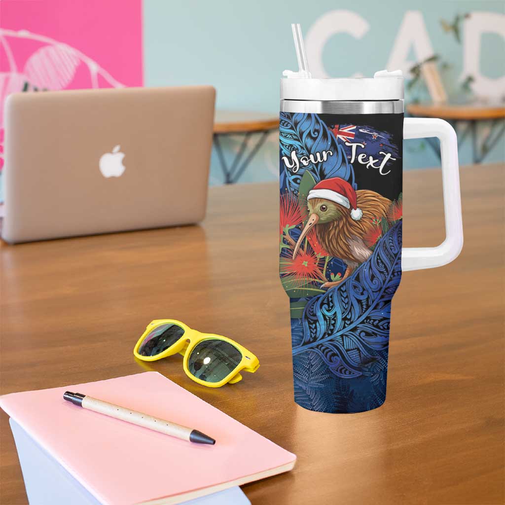 Personalised New Zealand Christmas Tumbler With Handle Santa Kiwi Bird With Pohutukawa Flowers - Polynesian Pride
