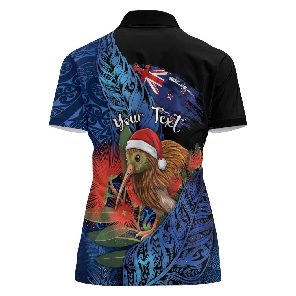 Personalised New Zealand Christmas Women Polo Shirt Santa Kiwi Bird With Pohutukawa Flowers - Polynesian Pride