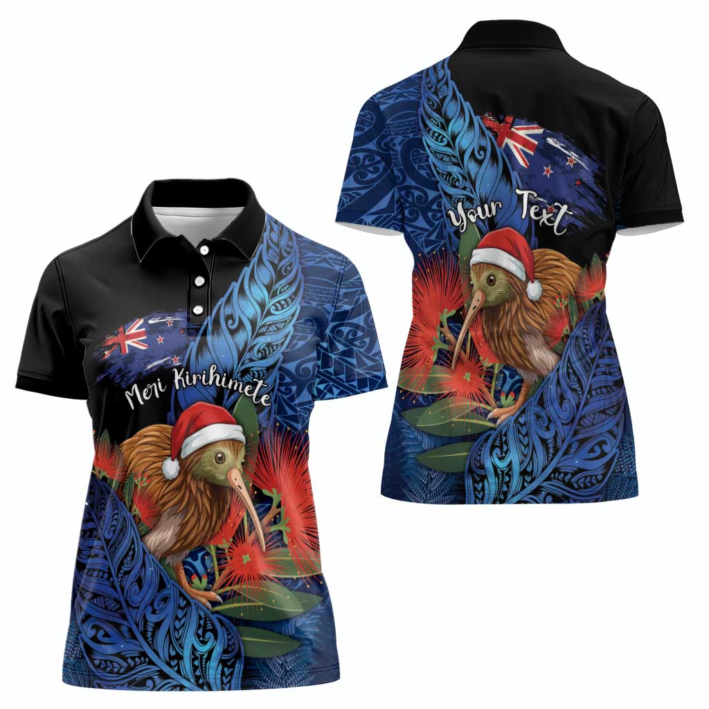 Personalised New Zealand Christmas Women Polo Shirt Santa Kiwi Bird With Pohutukawa Flowers - Polynesian Pride