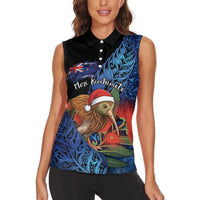 Personalised New Zealand Christmas Women Sleeveless Polo Shirt Santa Kiwi Bird With Pohutukawa Flowers - Polynesian Pride
