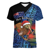 Personalised New Zealand Christmas Women V-Neck T-Shirt Santa Kiwi Bird With Pohutukawa Flowers - Polynesian Pride