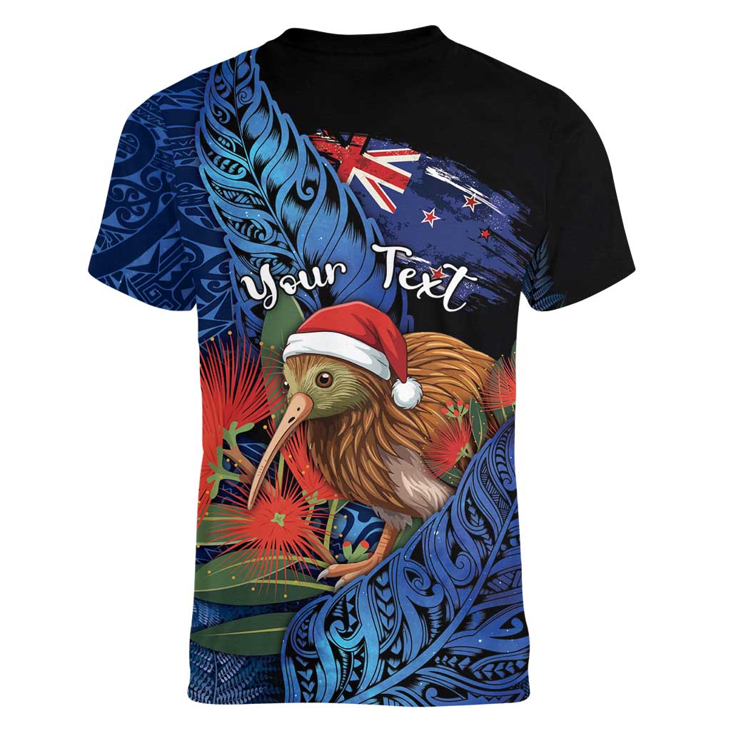 Personalised New Zealand Christmas Women V-Neck T-Shirt Santa Kiwi Bird With Pohutukawa Flowers - Polynesian Pride