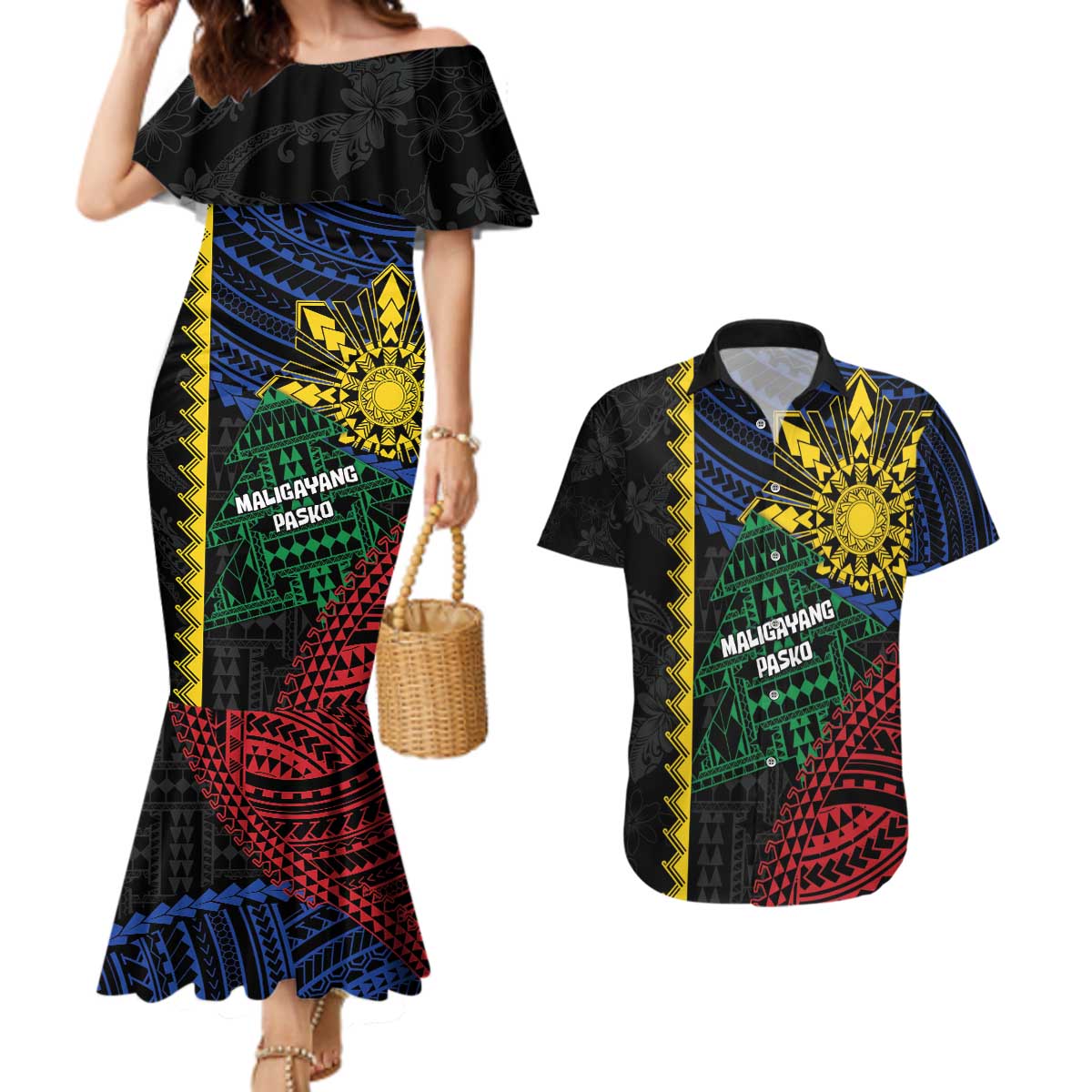 Personalised Philippines Christmas Couples Matching Mermaid Dress and Hawaiian Shirt Xmas Tree Filipino Tribal Patterns - Polynesian Pride