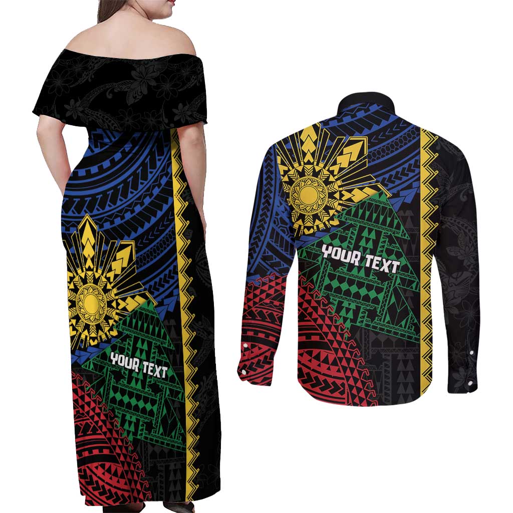 Personalised Philippines Christmas Couples Matching Off Shoulder Maxi Dress and Long Sleeve Button Shirt Xmas Tree Filipino Tribal Patterns - Polynesian Pride