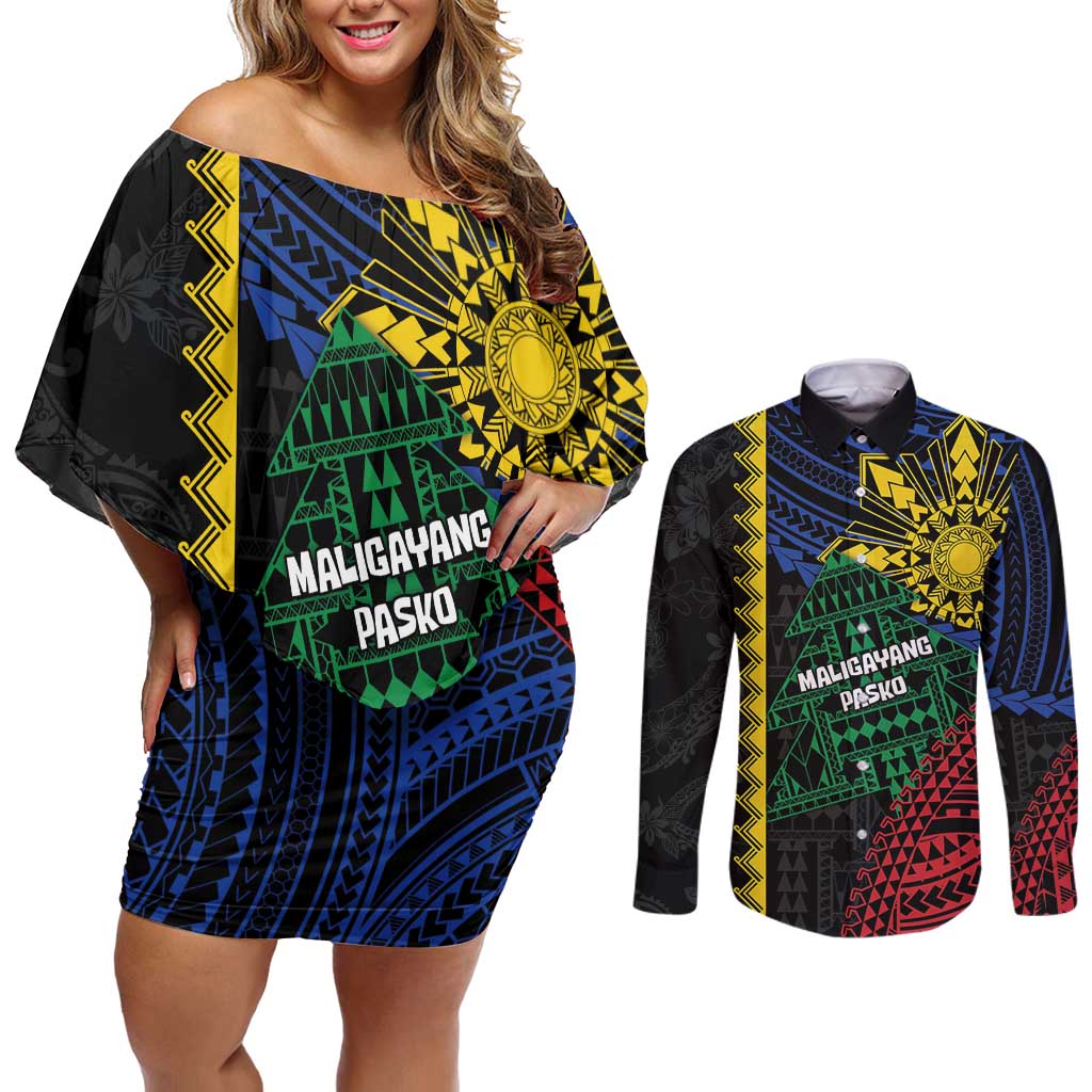 Personalised Philippines Christmas Couples Matching Off Shoulder Short Dress and Long Sleeve Button Shirt Xmas Tree Filipino Tribal Patterns - Polynesian Pride