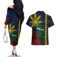Personalised Philippines Christmas Couples Matching Off The Shoulder Long Sleeve Dress and Hawaiian Shirt Xmas Tree Filipino Tribal Patterns - Polynesian Pride
