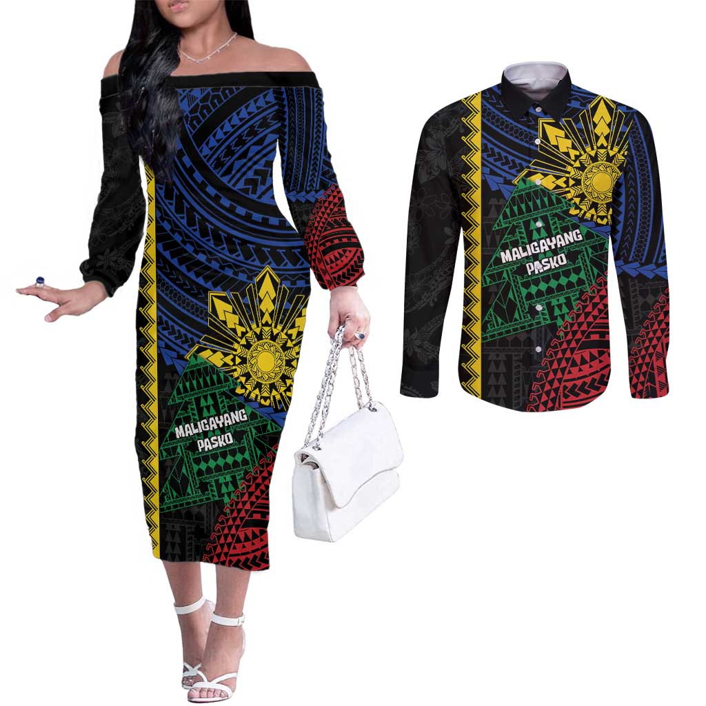 Personalised Philippines Christmas Couples Matching Off The Shoulder Long Sleeve Dress and Long Sleeve Button Shirt Xmas Tree Filipino Tribal Patterns - Polynesian Pride