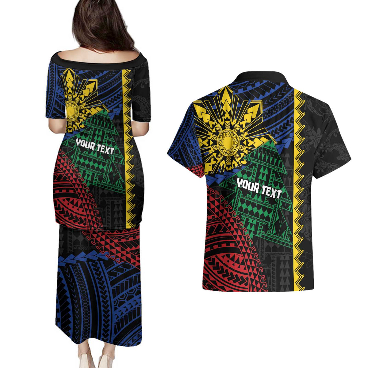 Personalised Philippines Christmas Couples Matching Puletasi and Hawaiian Shirt Xmas Tree Filipino Tribal Patterns - Polynesian Pride