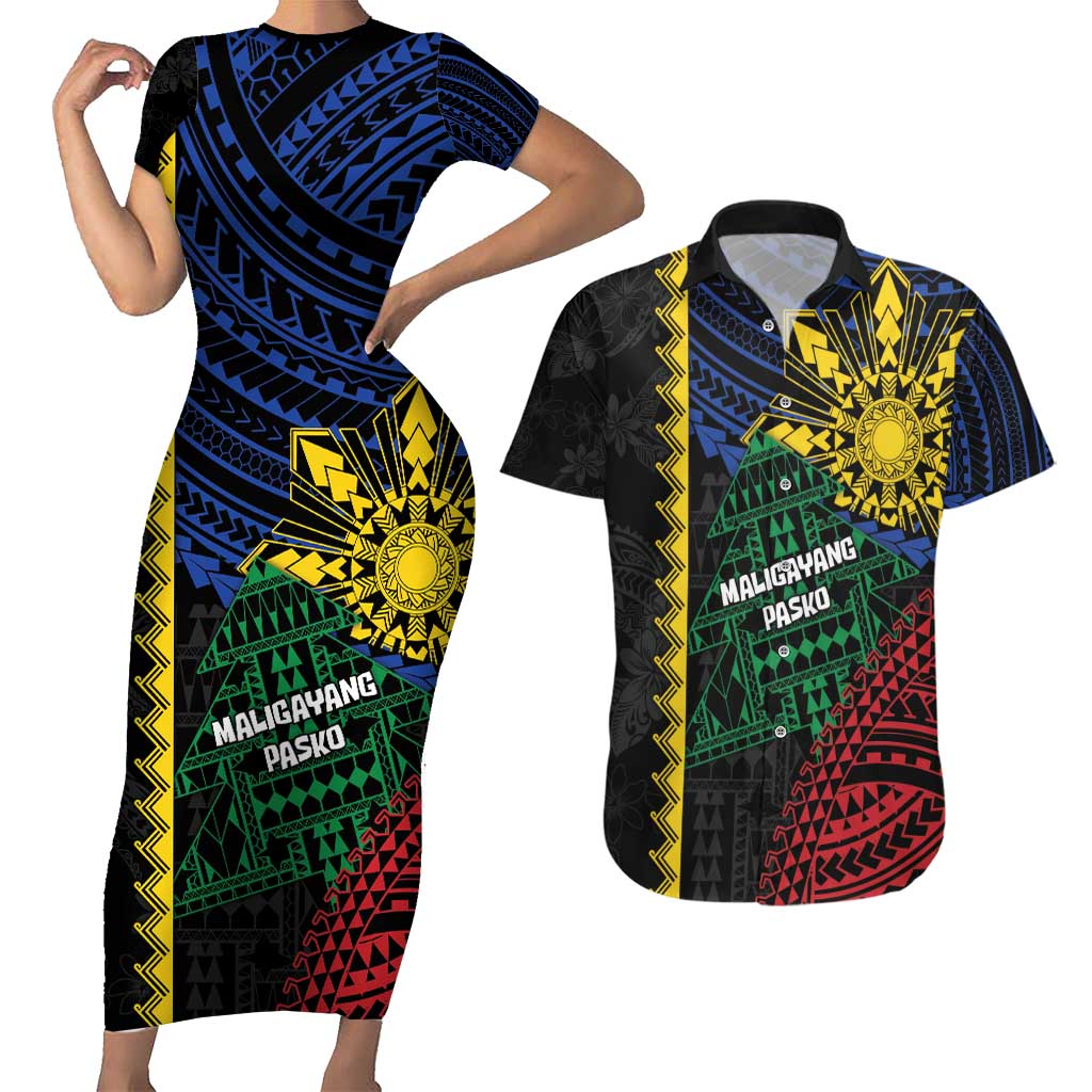 Personalised Philippines Christmas Couples Matching Short Sleeve Bodycon Dress and Hawaiian Shirt Xmas Tree Filipino Tribal Patterns - Polynesian Pride