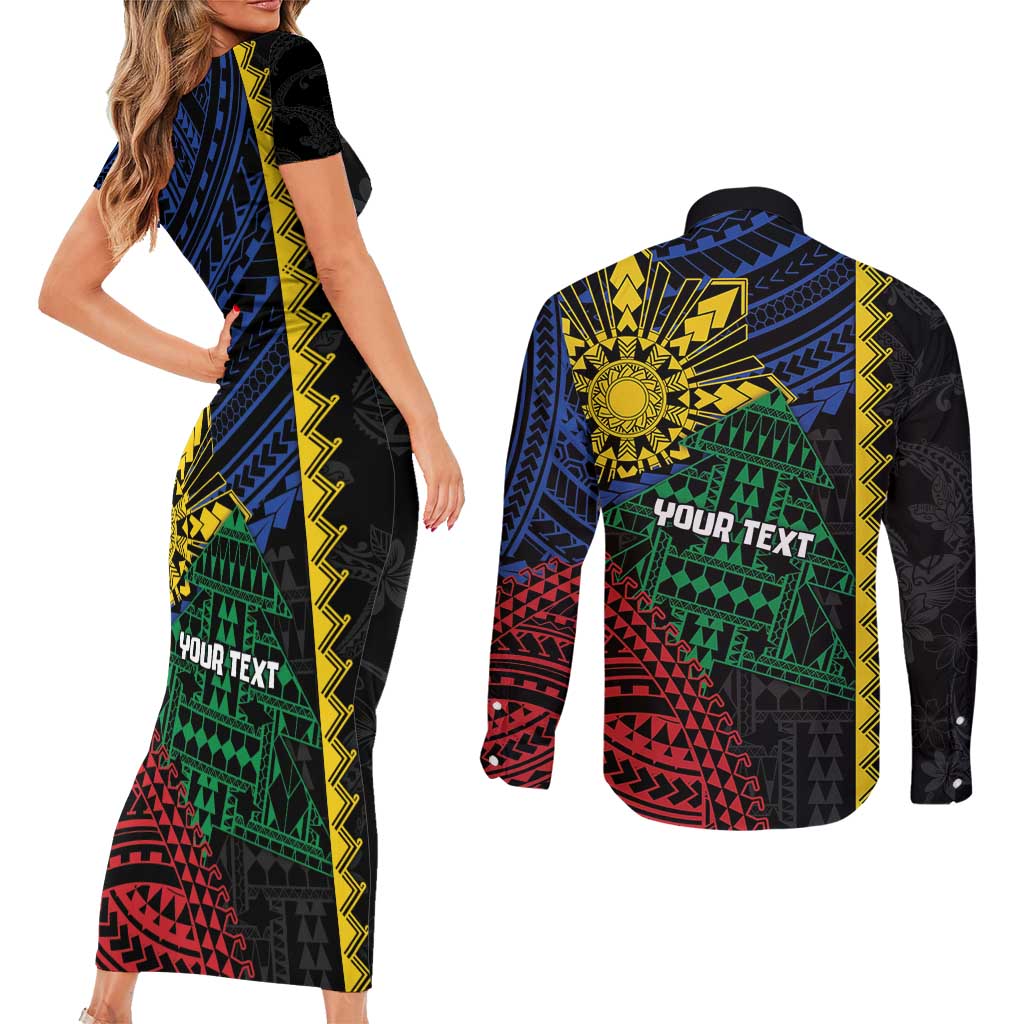Personalised Philippines Christmas Couples Matching Short Sleeve Bodycon Dress and Long Sleeve Button Shirt Xmas Tree Filipino Tribal Patterns - Polynesian Pride