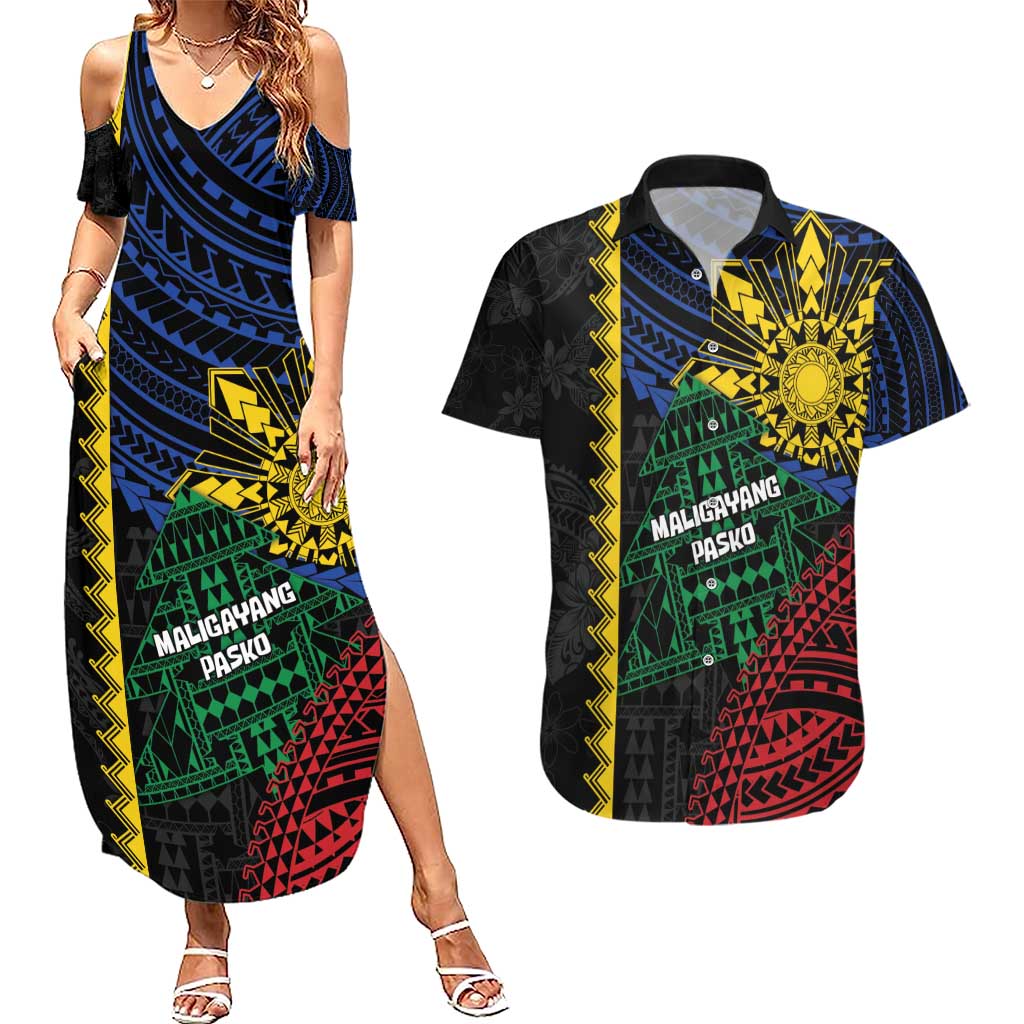 Personalised Philippines Christmas Couples Matching Summer Maxi Dress and Hawaiian Shirt Xmas Tree Filipino Tribal Patterns - Polynesian Pride