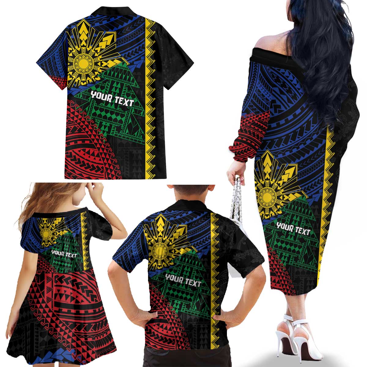 Personalised Philippines Christmas Family Matching Off The Shoulder Long Sleeve Dress and Hawaiian Shirt Xmas Tree Filipino Tribal Patterns - Polynesian Pride
