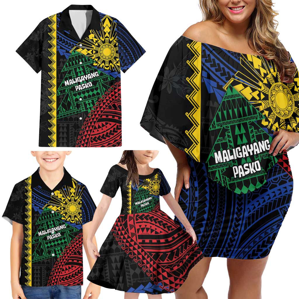 Personalised Philippines Christmas Family Matching Off Shoulder Short Dress and Hawaiian Shirt Xmas Tree Filipino Tribal Patterns - Polynesian Pride