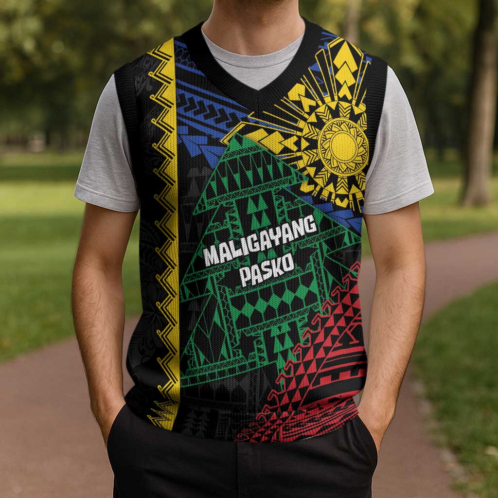 Personalised Philippines Christmas Knitted V-Neck Vest Xmas Tree Filipino Tribal Patterns - Polynesian Pride