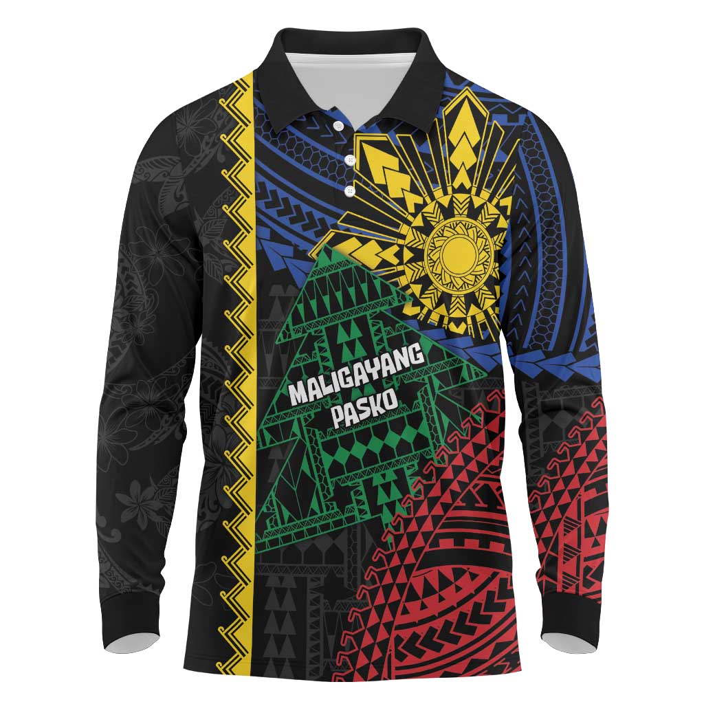 Personalised Philippines Christmas Long Sleeve Polo Shirt Xmas Tree Filipino Tribal Patterns - Polynesian Pride