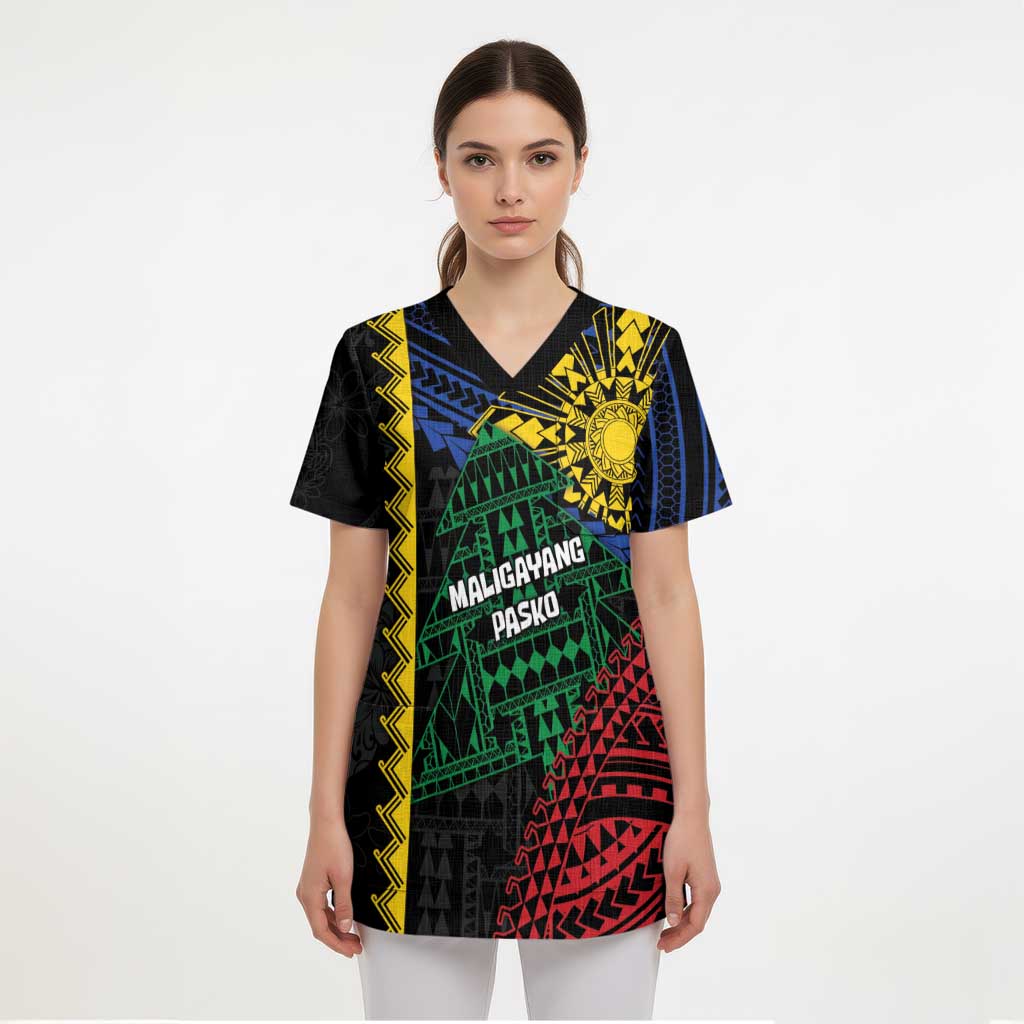 Personalised Philippines Christmas Scrub Top Xmas Tree Filipino Tribal Patterns - Polynesian Pride