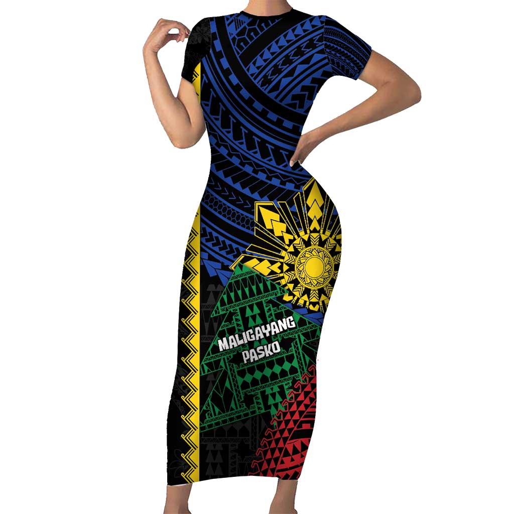 Personalised Philippines Christmas Short Sleeve Bodycon Dress Xmas Tree Filipino Tribal Patterns - Polynesian Pride