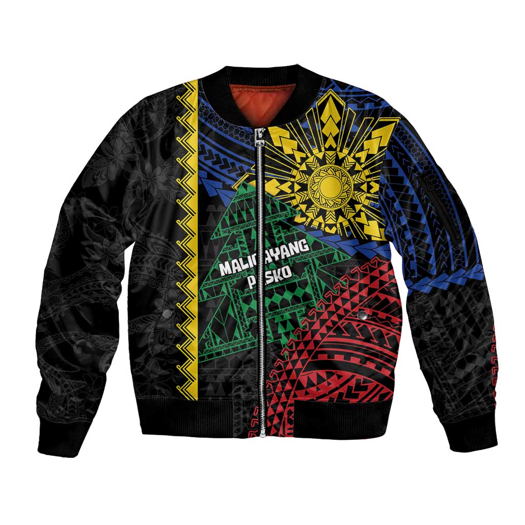 Personalised Philippines Christmas Sleeve Zip Bomber Jacket Xmas Tree Filipino Tribal Patterns - Polynesian Pride