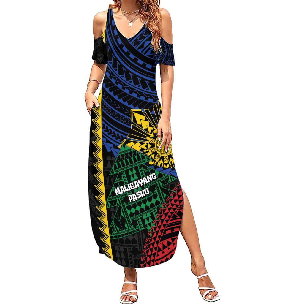 Personalised Philippines Christmas Summer Maxi Dress Xmas Tree Filipino Tribal Patterns - Polynesian Pride