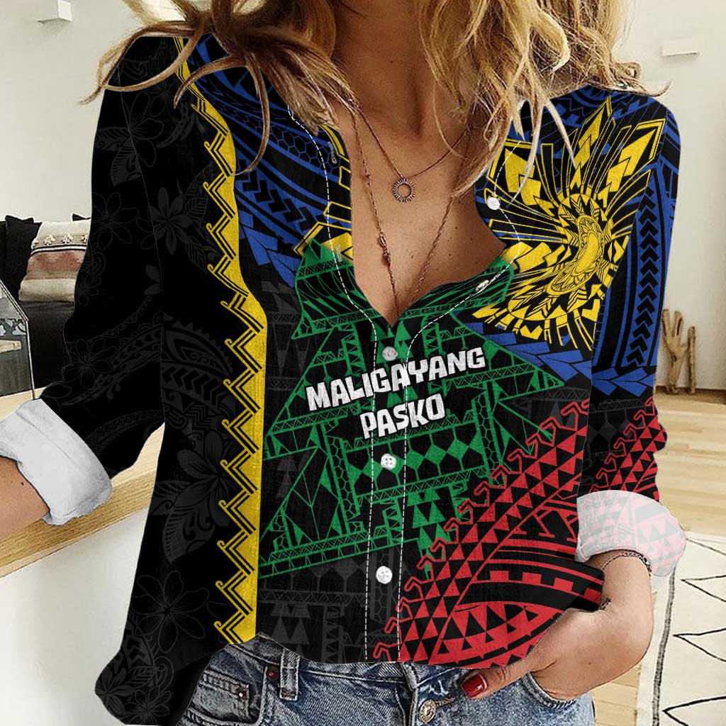 Personalised Philippines Christmas Women Casual Shirt Xmas Tree Filipino Tribal Patterns - Polynesian Pride