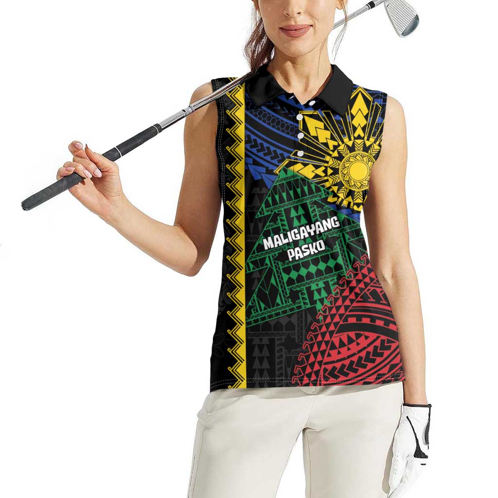 Personalised Philippines Christmas Women Sleeveless Polo Shirt Xmas Tree Filipino Tribal Patterns - Polynesian Pride