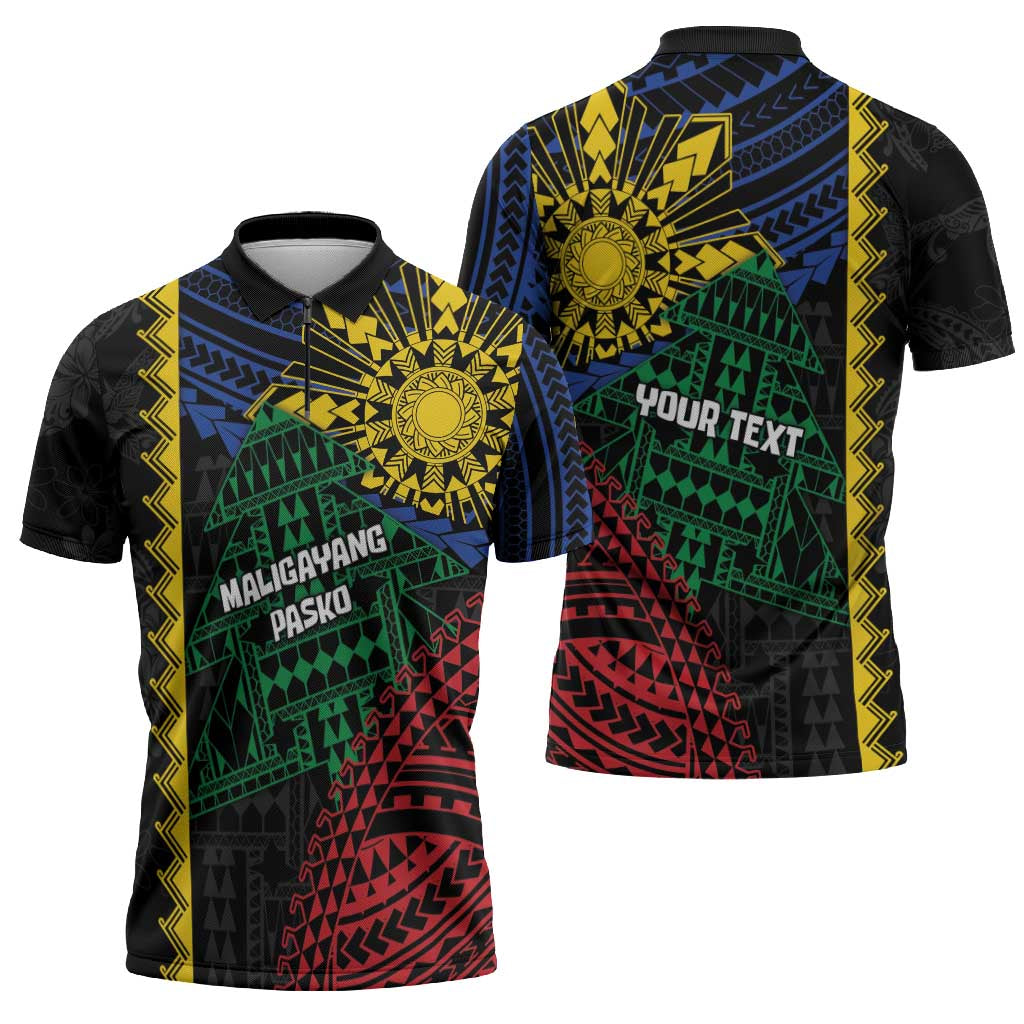 Personalised Philippines Christmas Zipper Polo Shirt Xmas Tree Filipino Tribal Patterns - Polynesian Pride