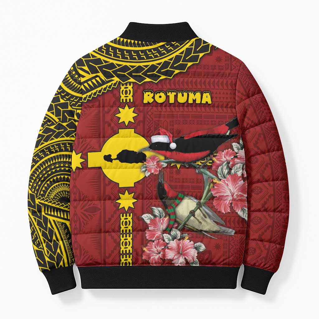 Rotuma Christmas Bomber Puffer Jacket Rotuma Myzomela Birds With Hibiscus Flowers - Polynesian Pride