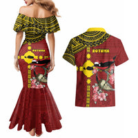 Rotuma Christmas Couples Matching Mermaid Dress and Hawaiian Shirt Rotuma Myzomela Birds With Hibiscus Flowers - Polynesian Pride