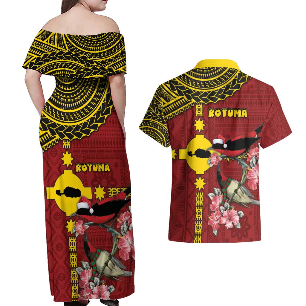Rotuma Christmas Couples Matching Off Shoulder Maxi Dress and Hawaiian Shirt Rotuma Myzomela Birds With Hibiscus Flowers - Polynesian Pride