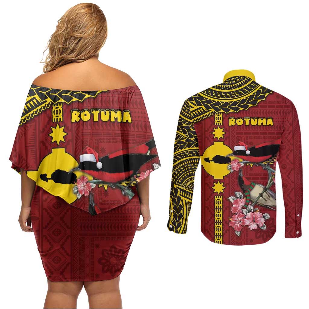 Rotuma Christmas Couples Matching Off Shoulder Short Dress and Long Sleeve Button Shirt Rotuma Myzomela Birds With Hibiscus Flowers - Polynesian Pride