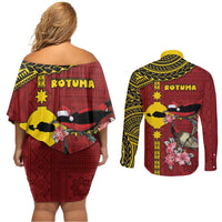 Rotuma Christmas Couples Matching Off Shoulder Short Dress and Long Sleeve Button Shirt Rotuma Myzomela Birds With Hibiscus Flowers - Polynesian Pride