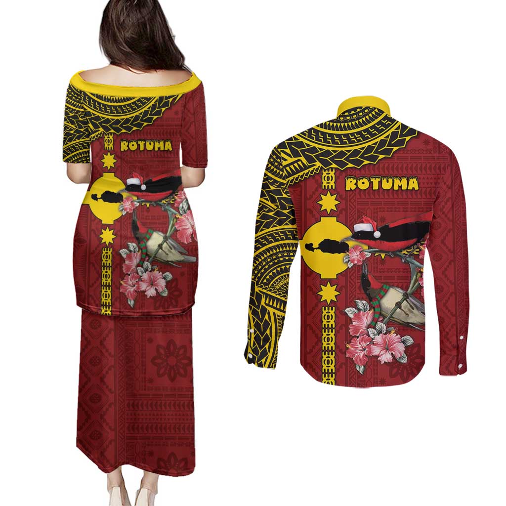 Rotuma Christmas Couples Matching Puletasi and Long Sleeve Button Shirt Rotuma Myzomela Birds With Hibiscus Flowers - Polynesian Pride