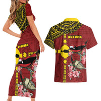 Rotuma Christmas Couples Matching Short Sleeve Bodycon Dress and Hawaiian Shirt Rotuma Myzomela Birds With Hibiscus Flowers - Polynesian Pride