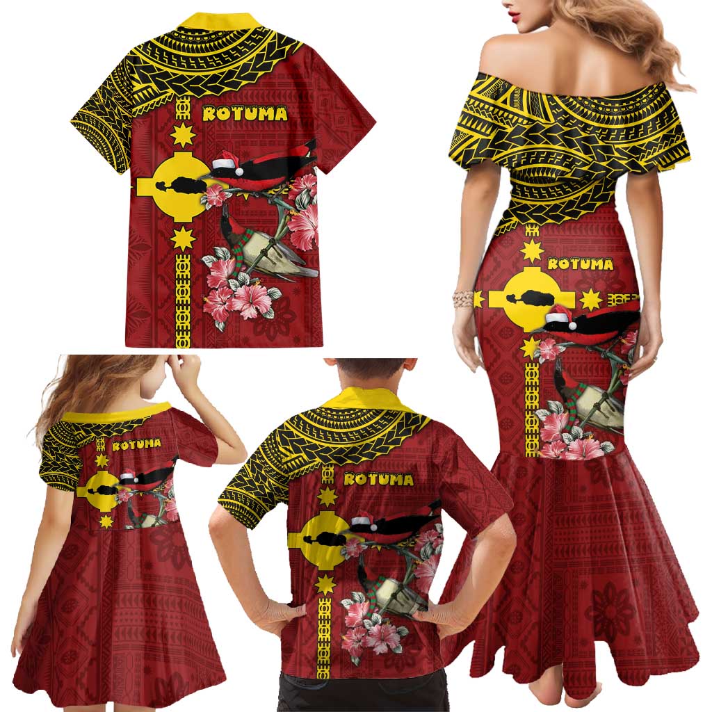 Rotuma Christmas Family Matching Mermaid Dress and Hawaiian Shirt Rotuma Myzomela Birds With Hibiscus Flowers - Polynesian Pride