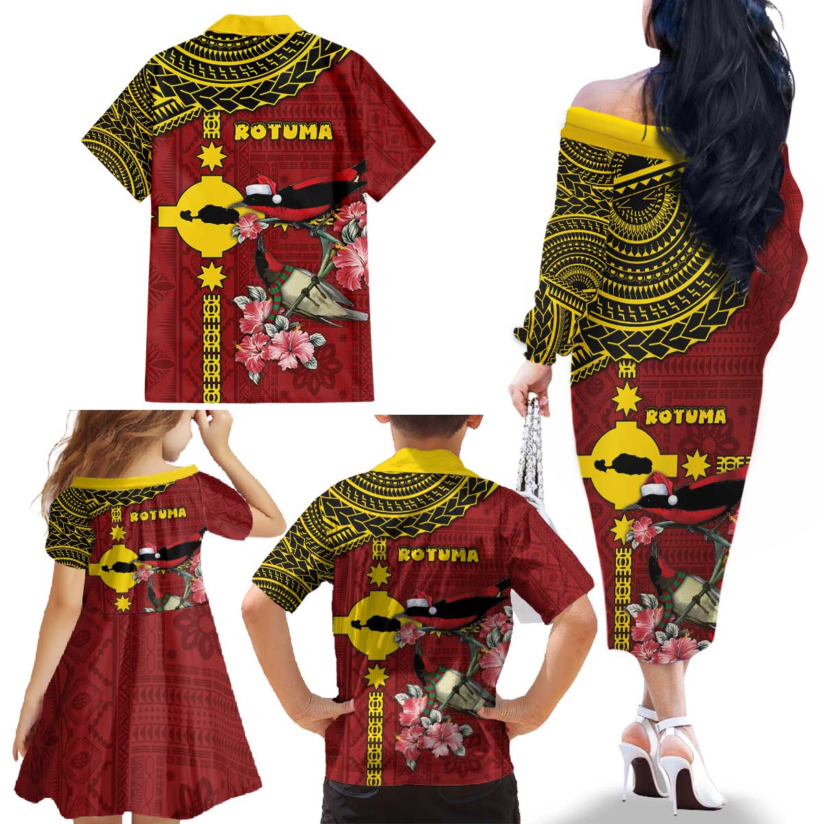 Rotuma Christmas Family Matching Off The Shoulder Long Sleeve Dress and Hawaiian Shirt Rotuma Myzomela Birds With Hibiscus Flowers - Polynesian Pride