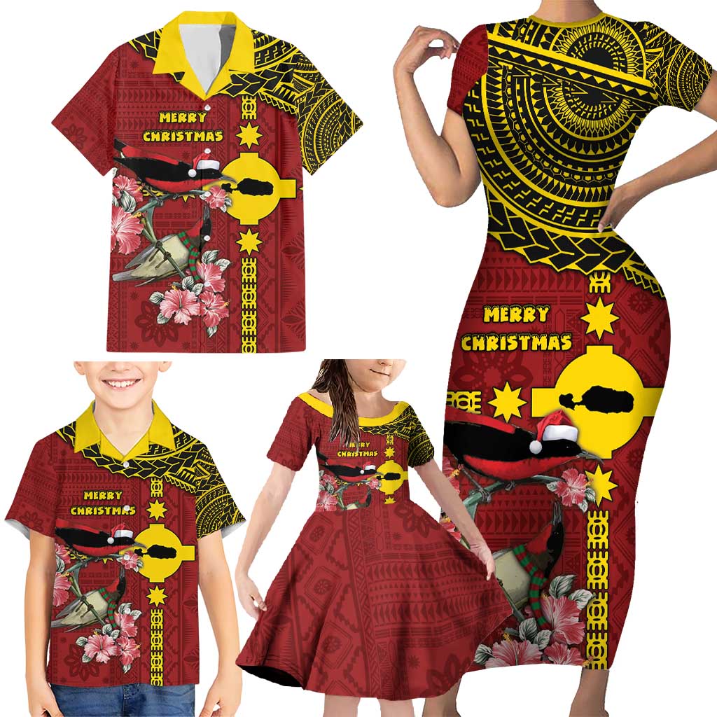 Rotuma Christmas Family Matching Short Sleeve Bodycon Dress and Hawaiian Shirt Rotuma Myzomela Birds With Hibiscus Flowers - Polynesian Pride