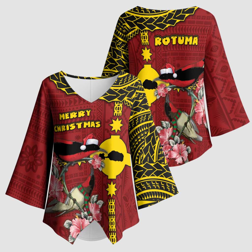 Rotuma Christmas Kimono Sleeve Blouse Rotuma Myzomela Birds With Hibiscus Flowers - Polynesian Pride
