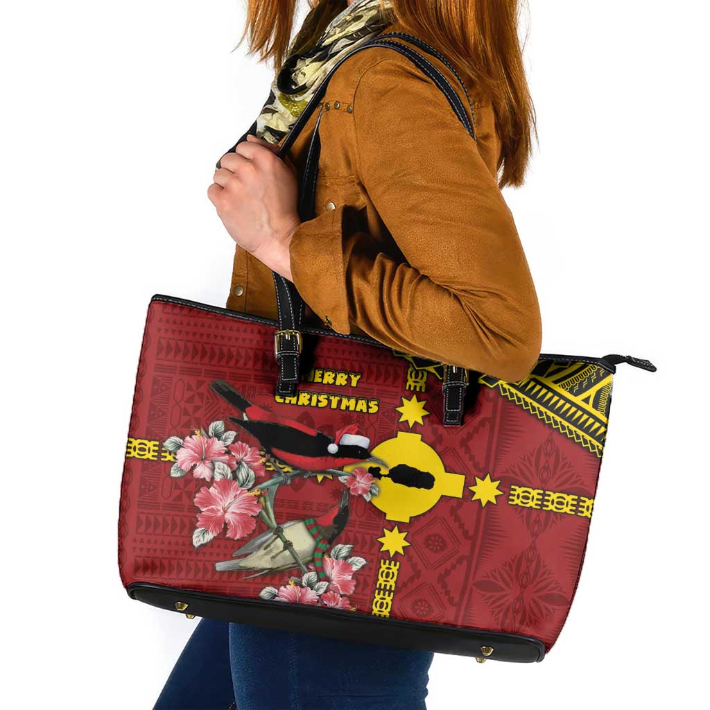 Rotuma Christmas Leather Tote Bag Rotuma Myzomela Birds With Hibiscus Flowers - Polynesian Pride