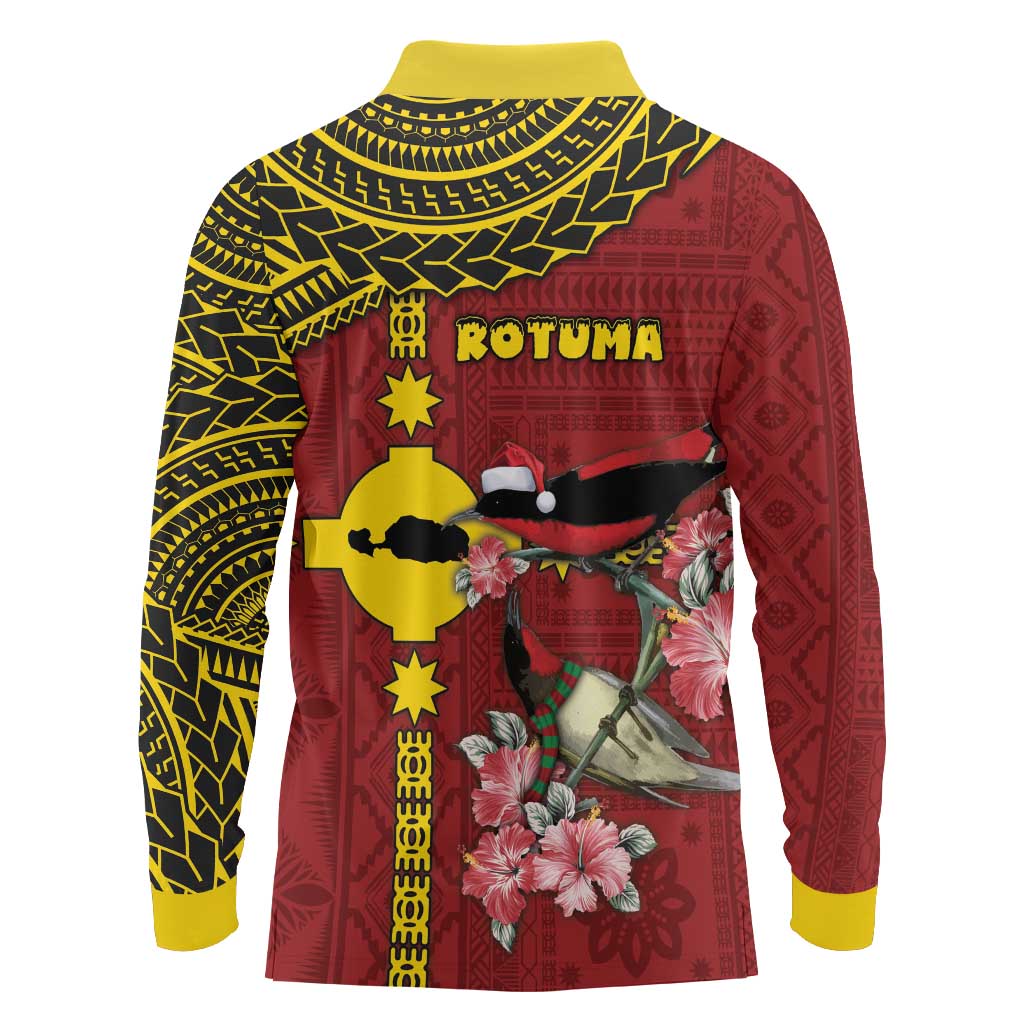 Rotuma Christmas Long Sleeve Polo Shirt Rotuma Myzomela Birds With Hibiscus Flowers - Polynesian Pride