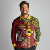 Rotuma Christmas Long Sleeve Polo Shirt Rotuma Myzomela Birds With Hibiscus Flowers - Polynesian Pride