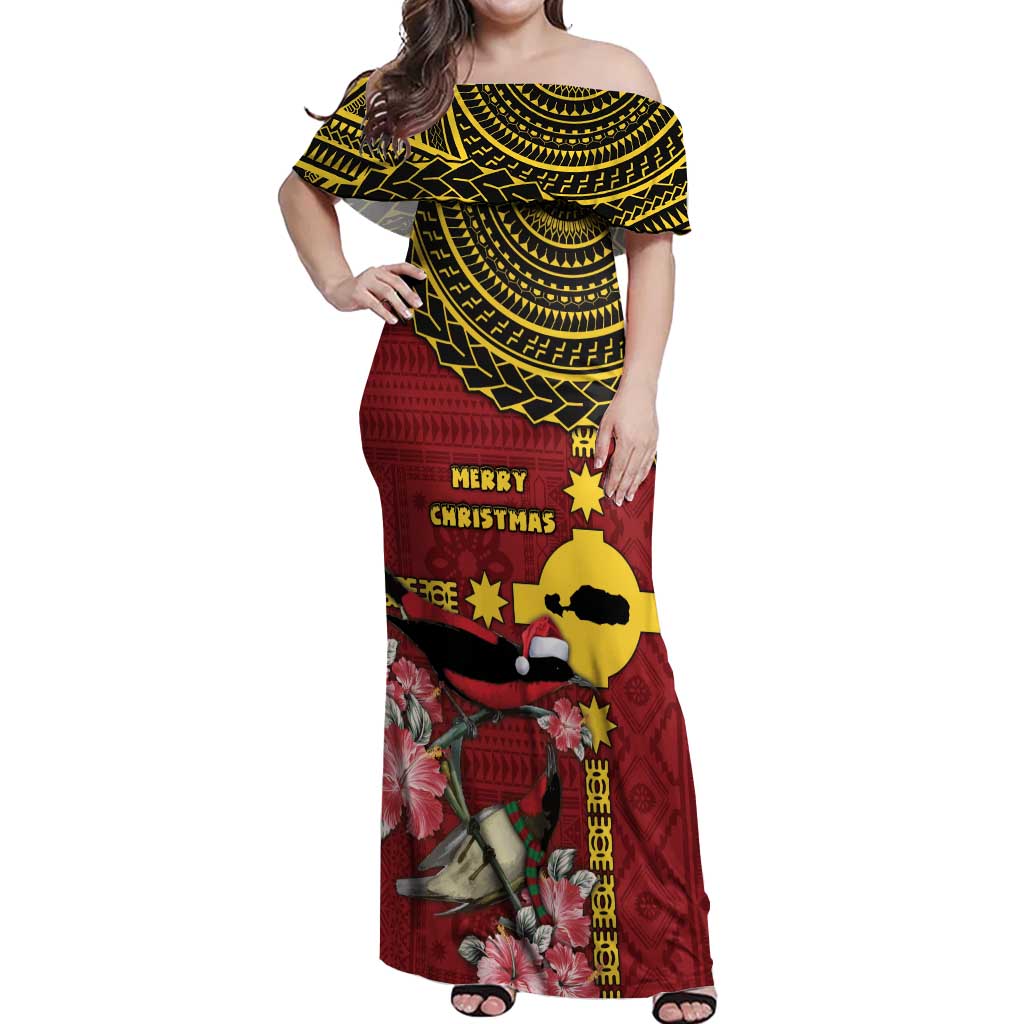 Rotuma Christmas Off Shoulder Maxi Dress Rotuma Myzomela Birds With Hibiscus Flowers - Polynesian Pride