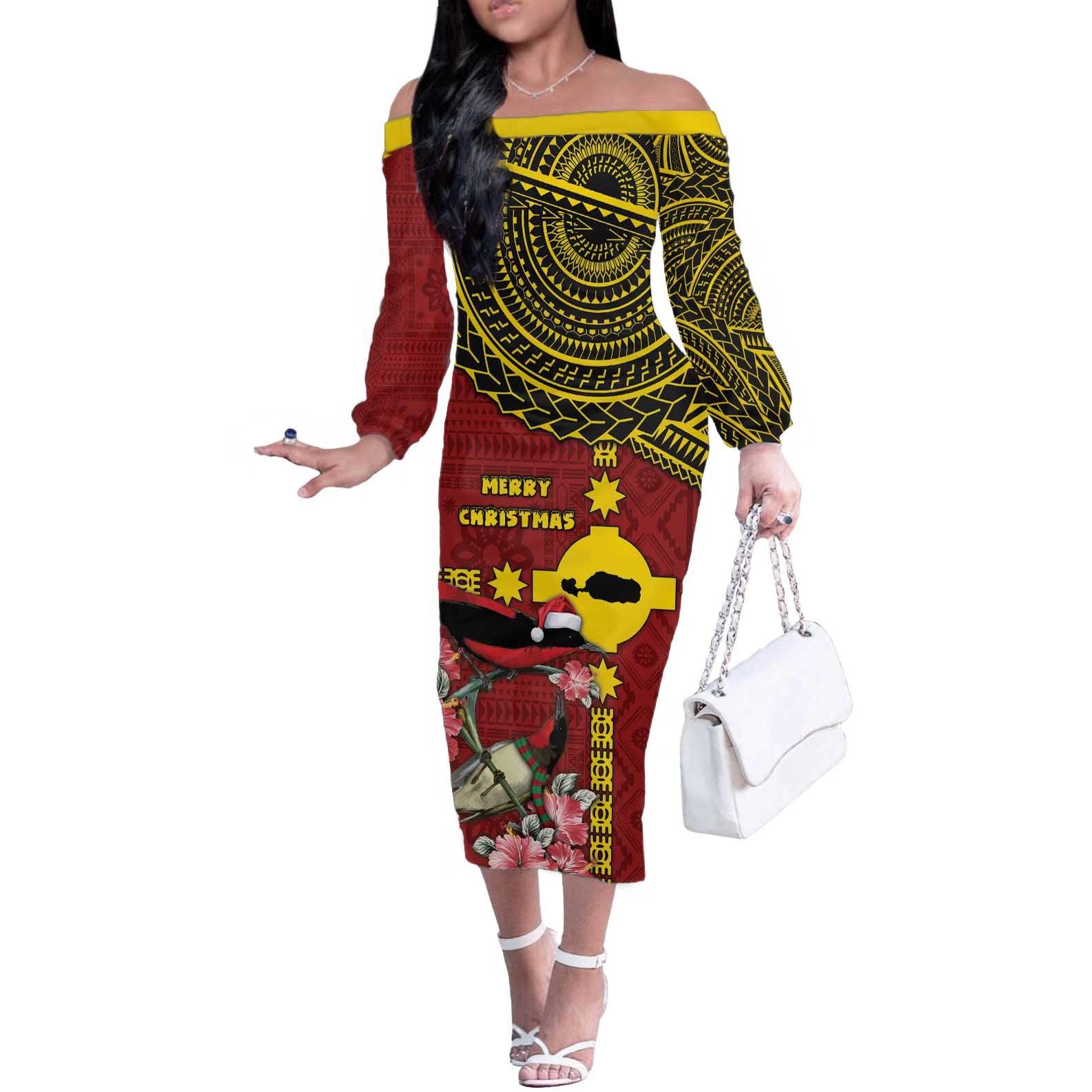 Rotuma Christmas Off The Shoulder Long Sleeve Dress Rotuma Myzomela Birds With Hibiscus Flowers - Polynesian Pride