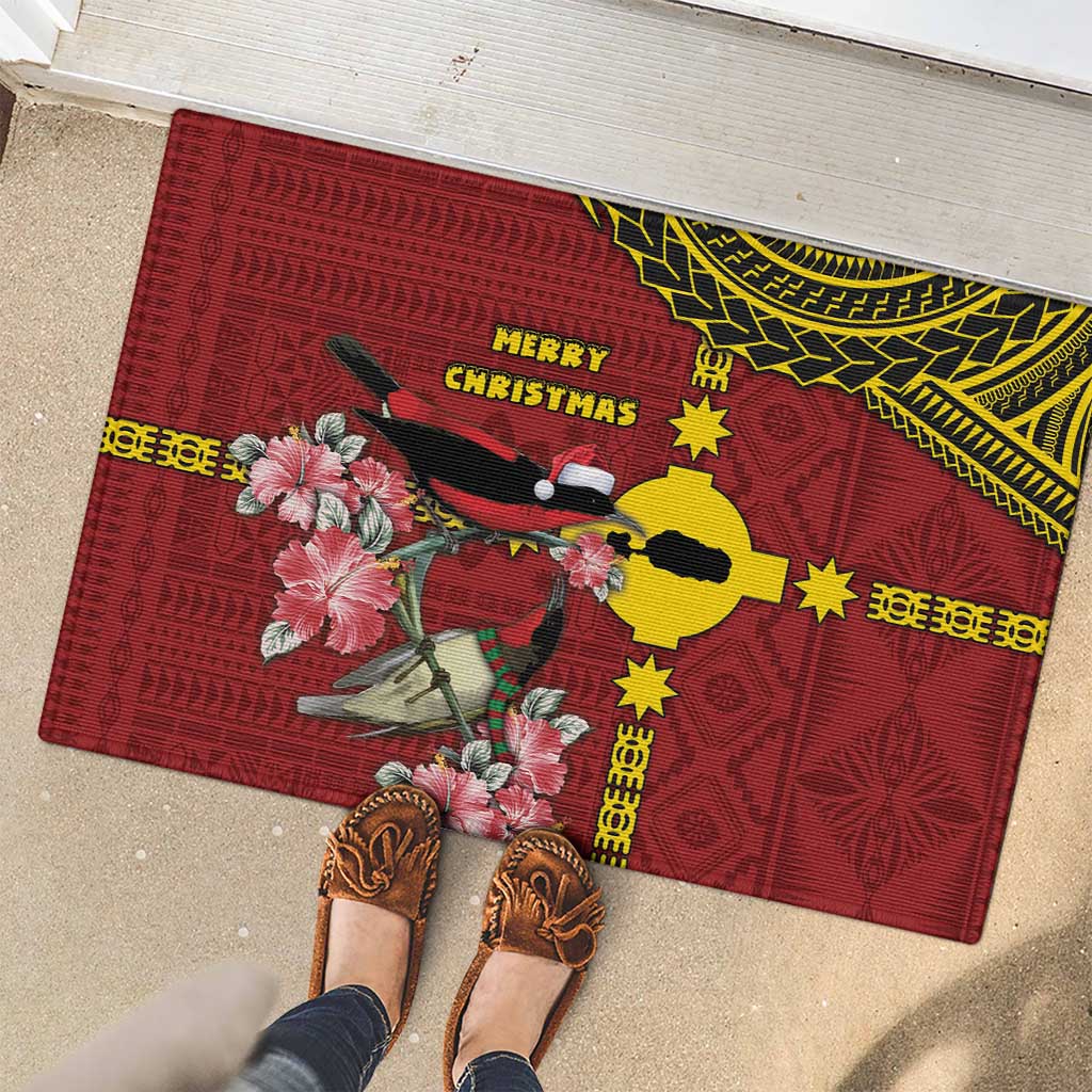 Rotuma Christmas Rubber Doormat Rotuma Myzomela Birds With Hibiscus Flowers - Polynesian Pride