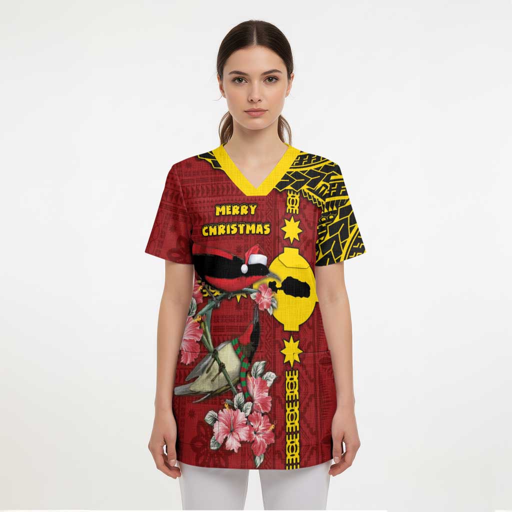 Rotuma Christmas Scrub Top Rotuma Myzomela Birds With Hibiscus Flowers - Polynesian Pride