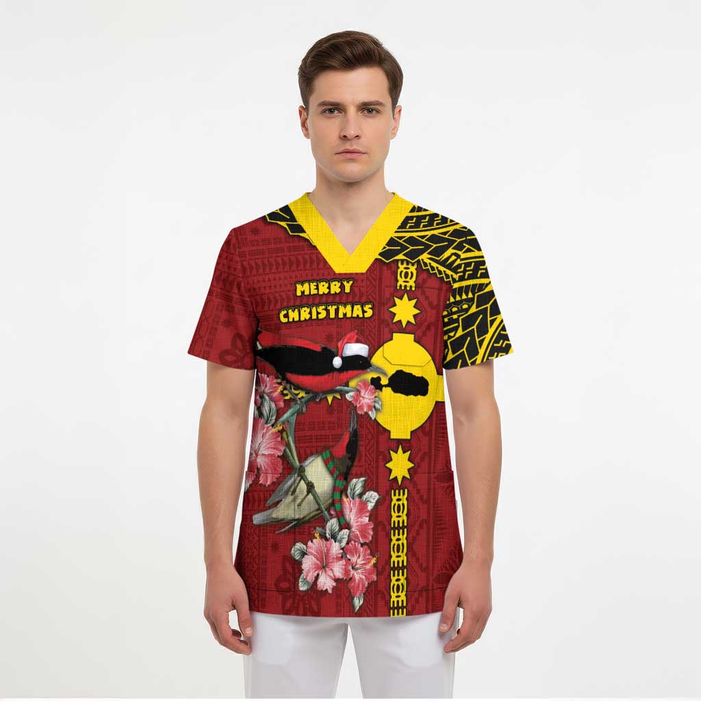 Rotuma Christmas Scrub Top Rotuma Myzomela Birds With Hibiscus Flowers - Polynesian Pride
