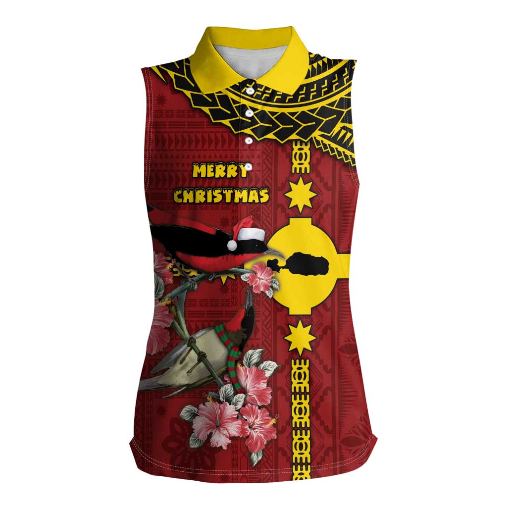 Rotuma Christmas Women Sleeveless Polo Shirt Rotuma Myzomela Birds With Hibiscus Flowers - Polynesian Pride