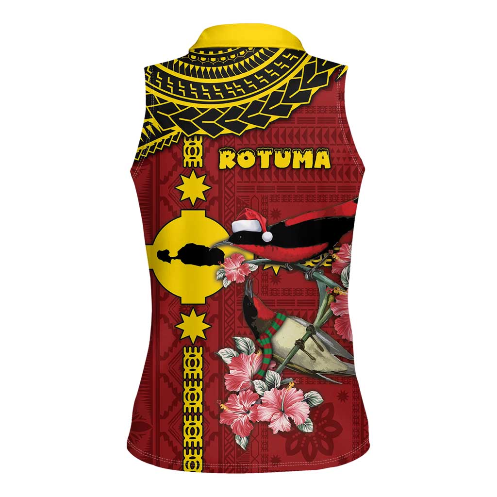 Rotuma Christmas Women Sleeveless Polo Shirt Rotuma Myzomela Birds With Hibiscus Flowers - Polynesian Pride