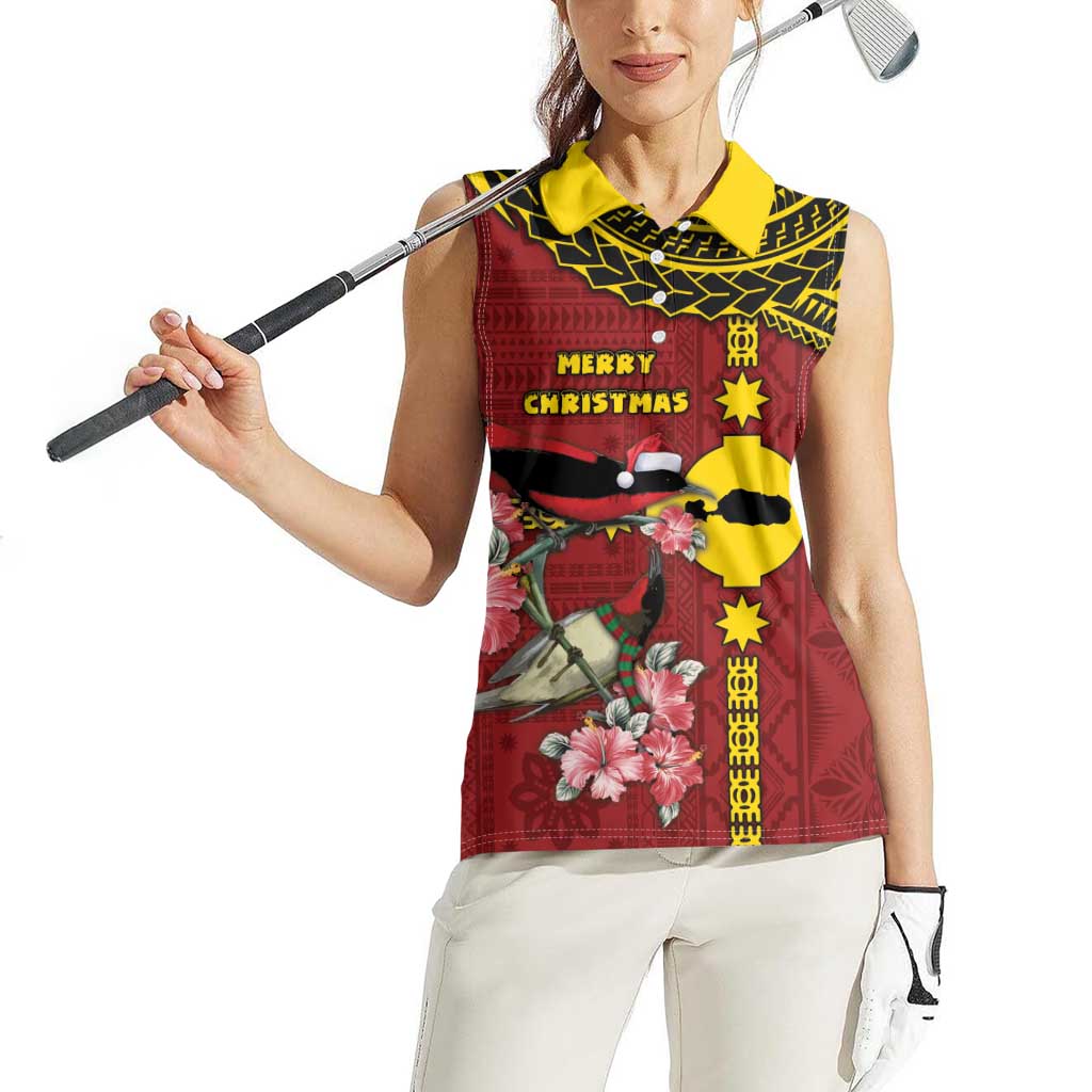 Rotuma Christmas Women Sleeveless Polo Shirt Rotuma Myzomela Birds With Hibiscus Flowers - Polynesian Pride